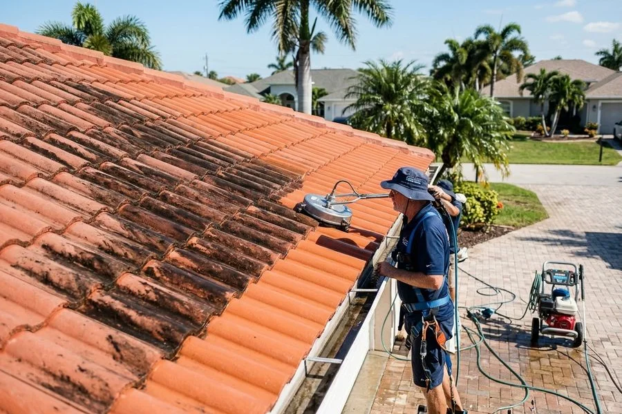 Before: heavy algae streaks on barrel tile