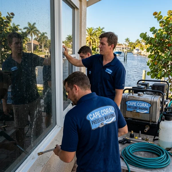 Before: water-spotted impact window