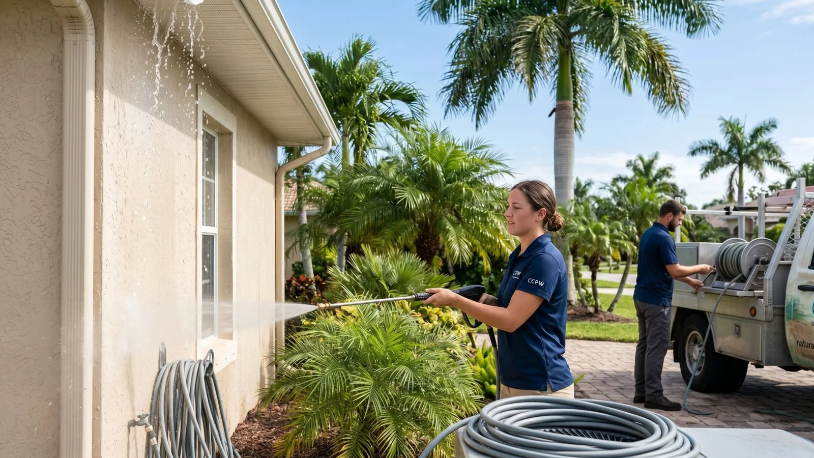 Cape Coral home being soft-washed at low pressure