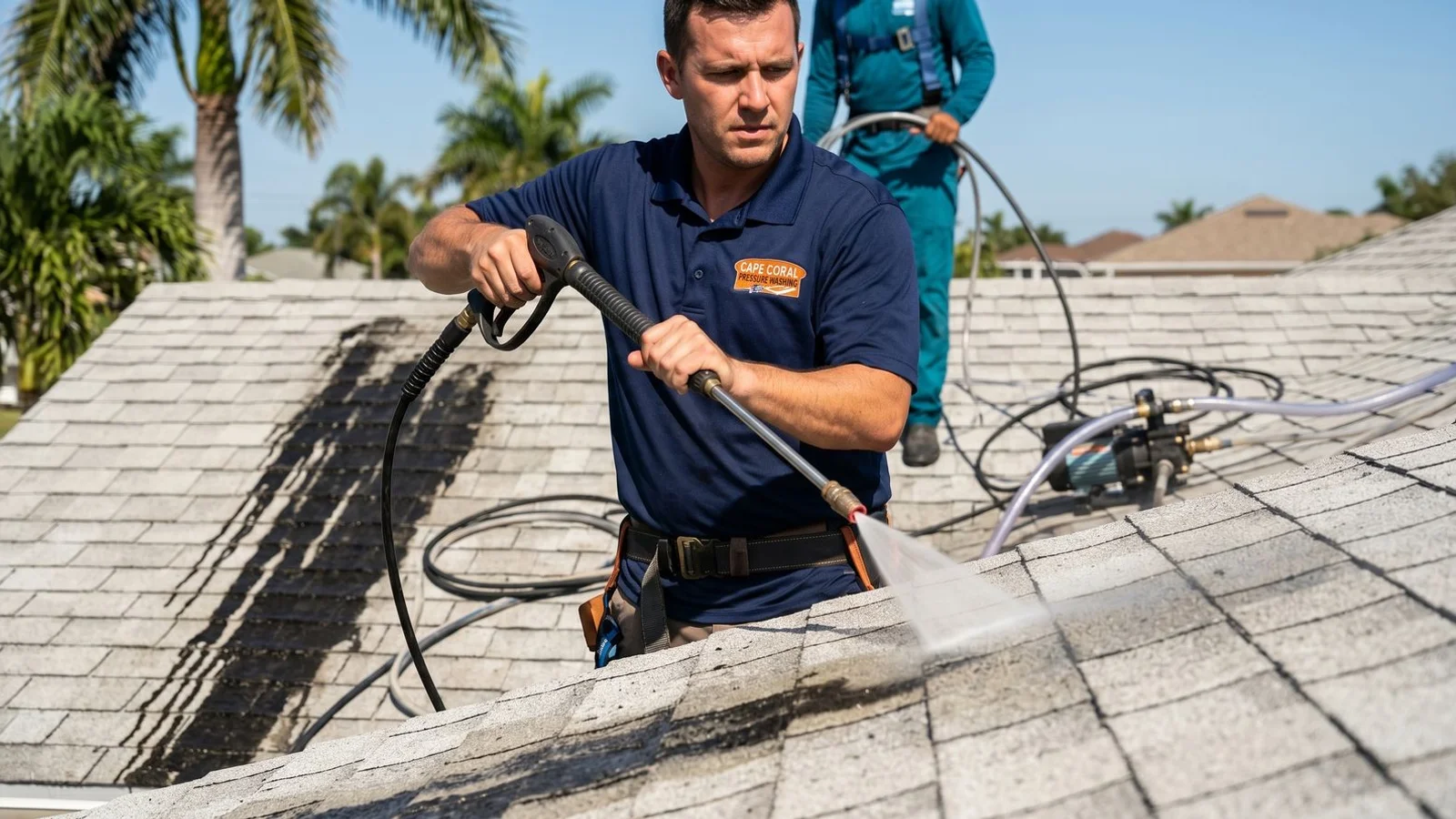 Black Gloeocapsa magma streaks on a Florida shingle roof