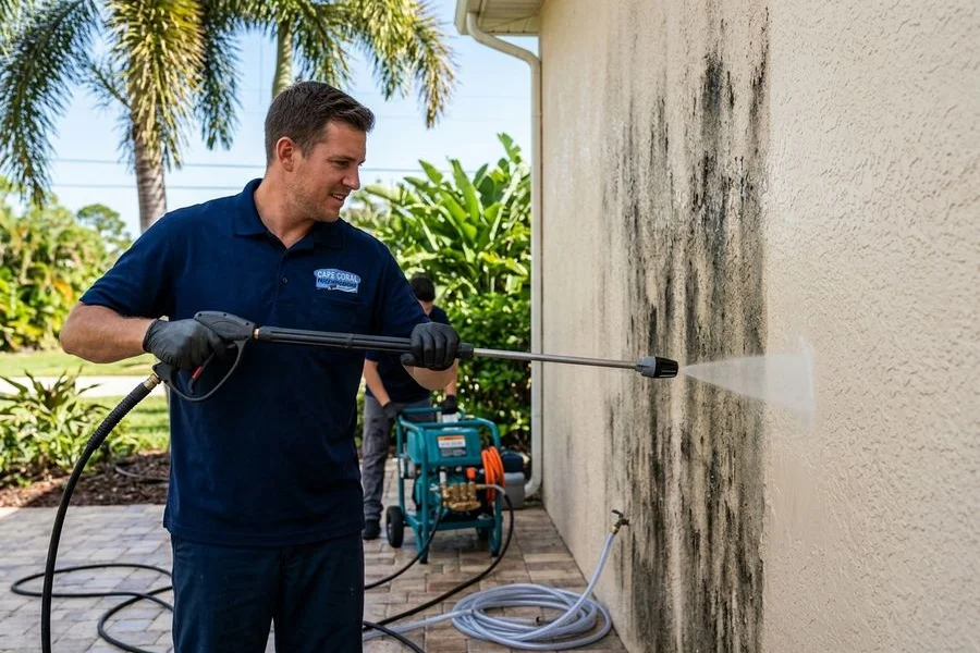 Mold cleaned vs untreated stucco