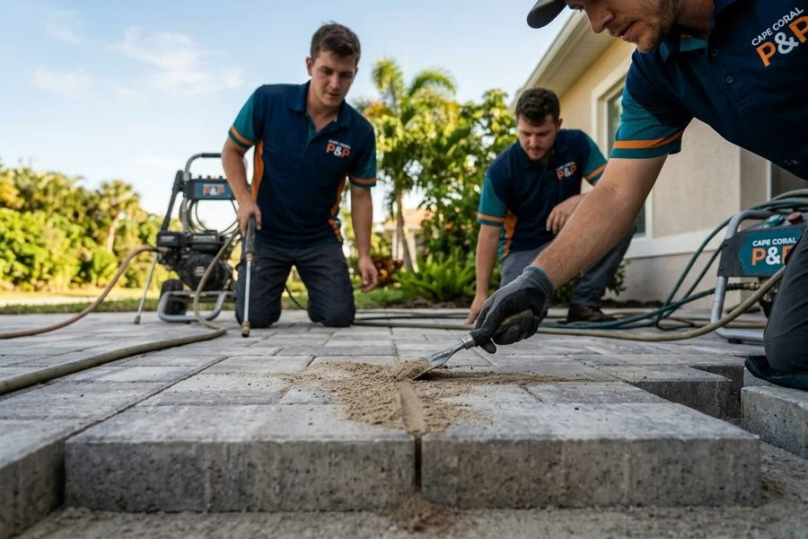 Hardened polymeric sand in joints