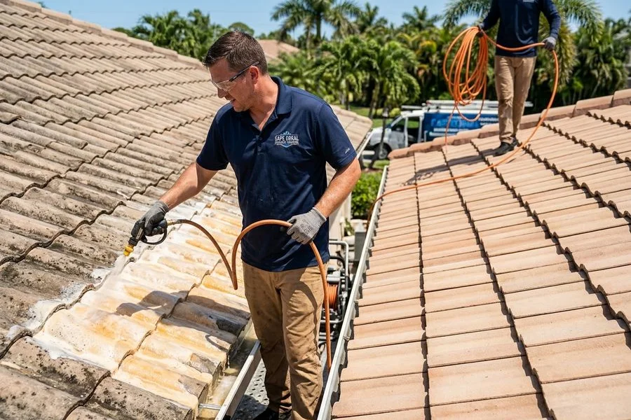 Chemistry dwelling on roof tile, before/after split