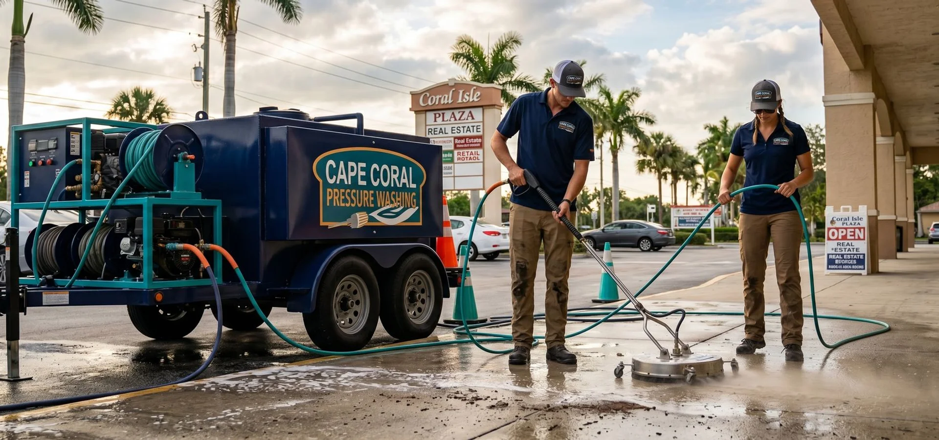 Commercial pressure washing crew on Cape Coral Parkway plaza