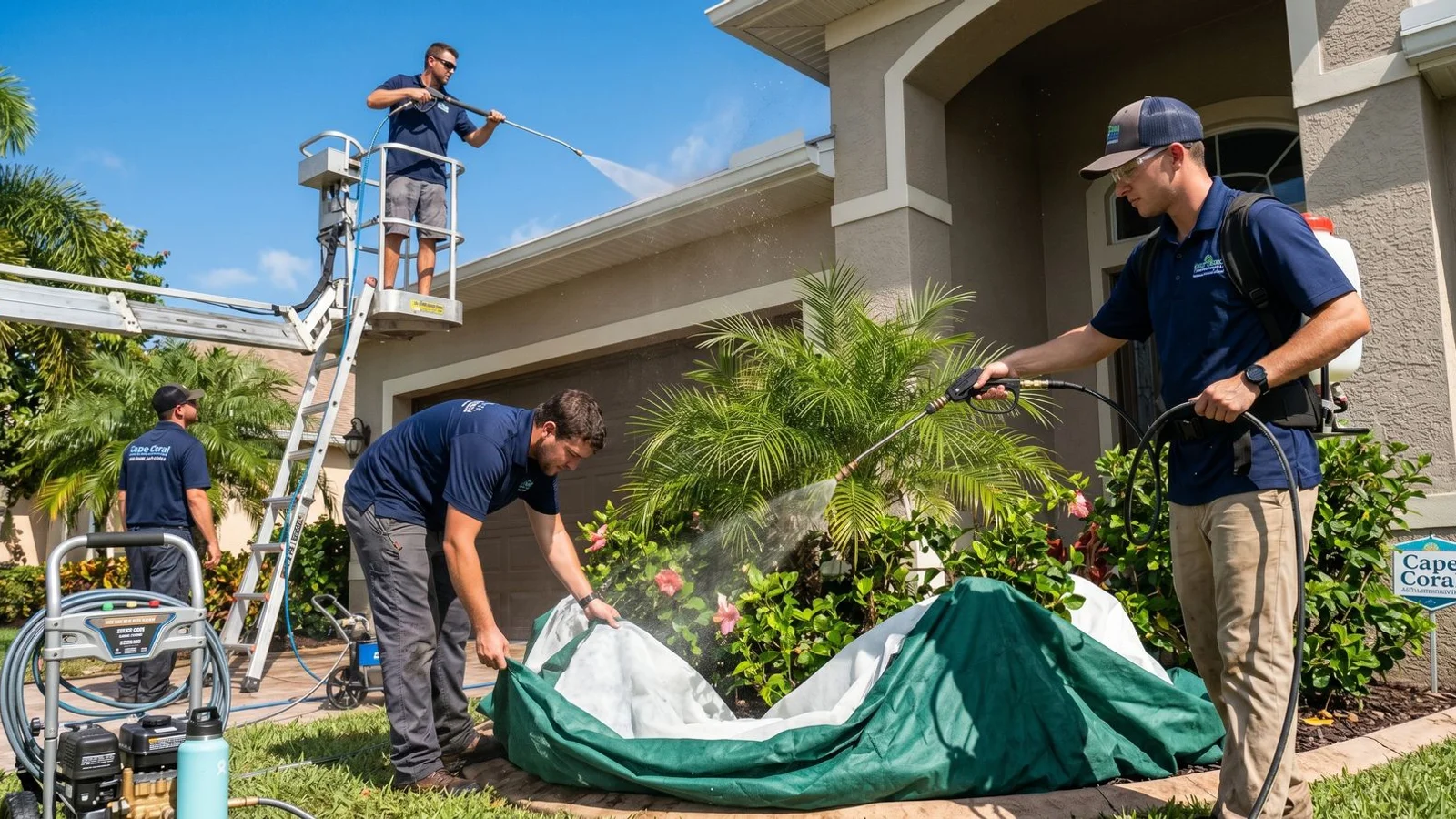 Crew applying landscape protection drapes before EPA-compliant house wash
