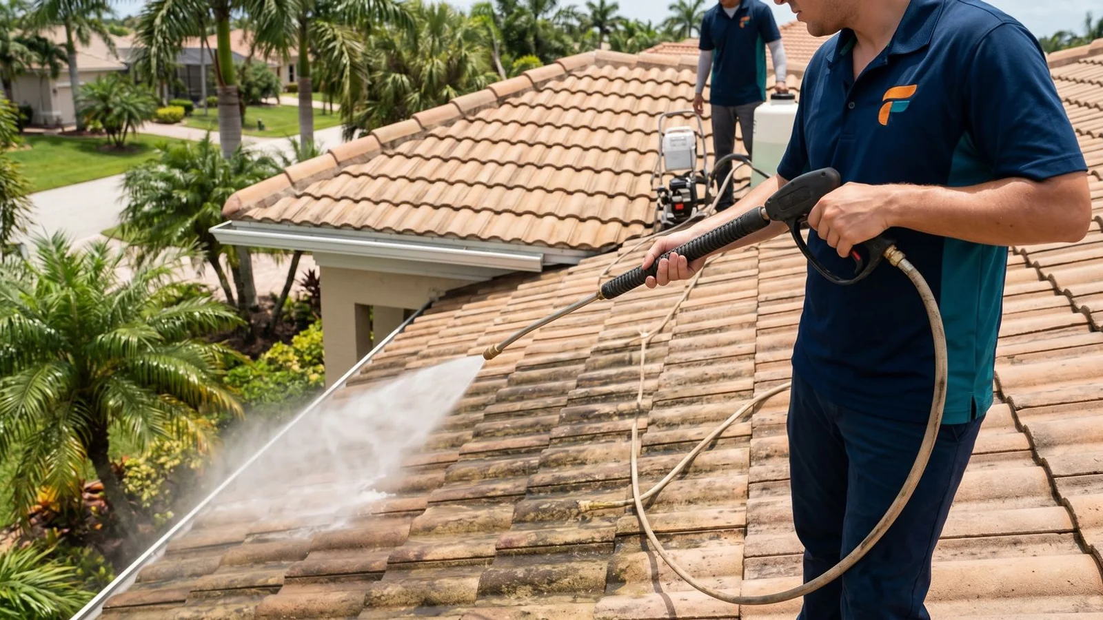Soft wash chemistry applied to tile roof with low-pressure wand