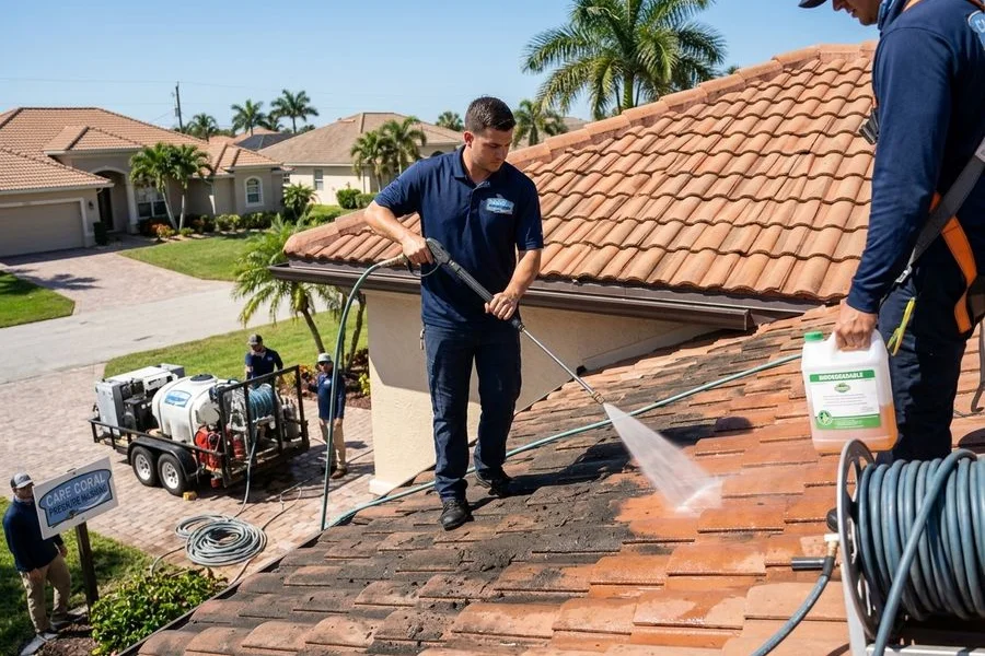 Crew clearing storm silt from tile roof