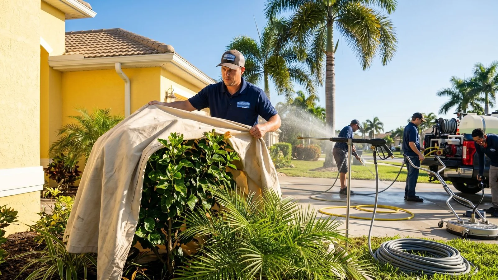 Crew draping landscape plants before house wash