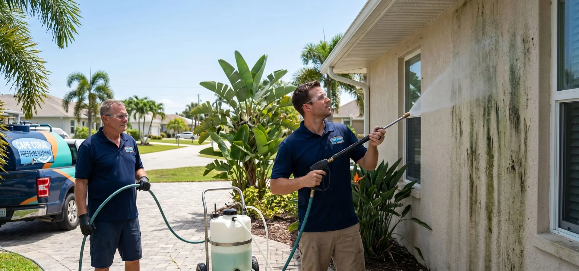 Soft-wash house cleaning on a Cape Coral stucco home
