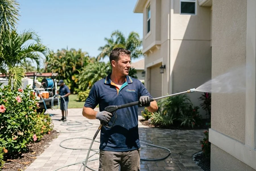 Crew soft-washing stucco