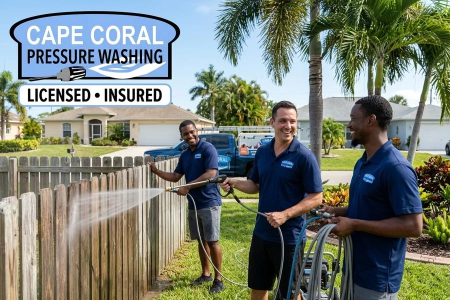 Crew soft-washing wood fence