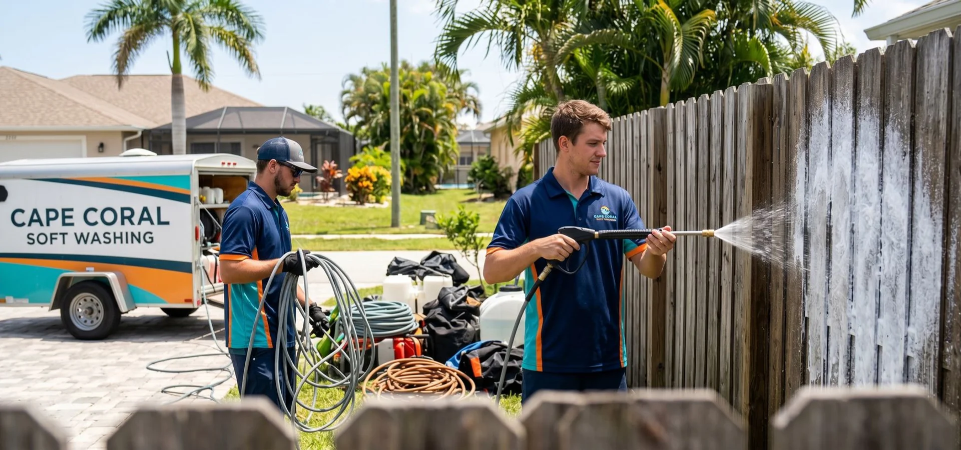 Soft-wash crew cleaning a wood privacy fence