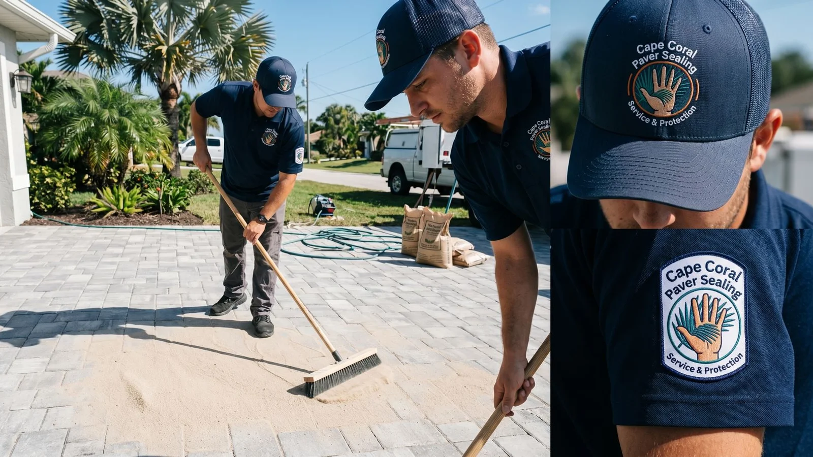 Crew sweeping polymeric sand into paver joints