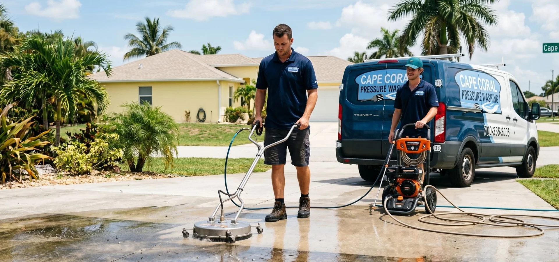 Rotary surface cleaner on a Cape Coral concrete driveway