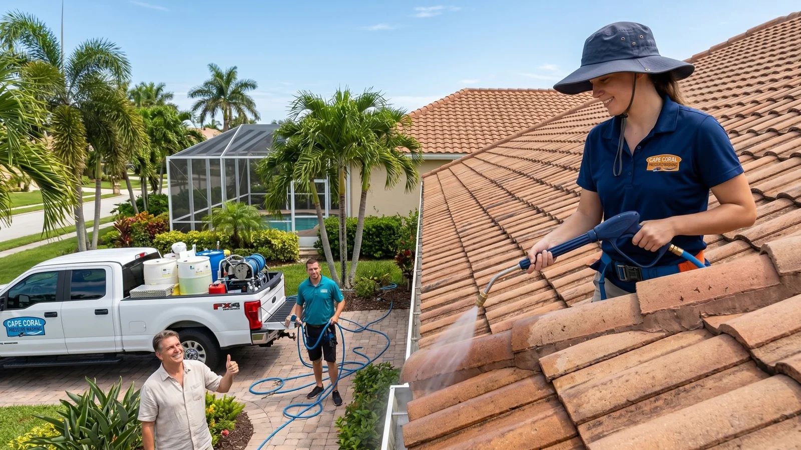 Professional crew soft-washing a Florida home