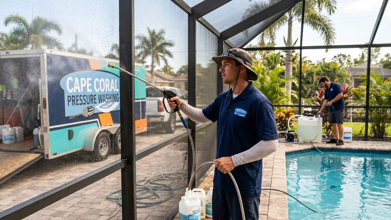 Crew applying soft wash chemistry to pool cage