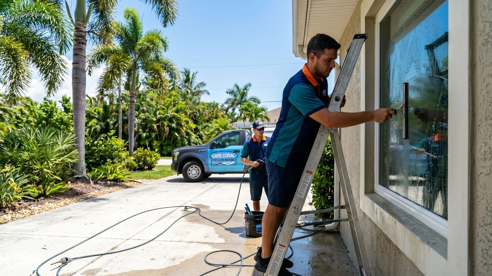 Hurricane impact window being squeegee cleaned