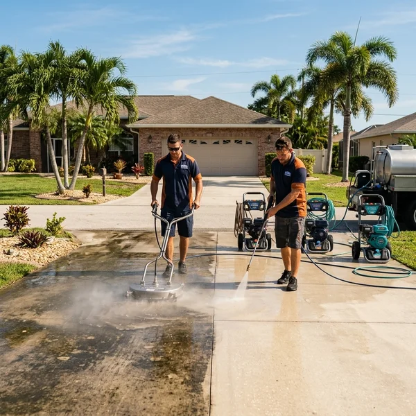 Mid-process: half-cleaned driveway