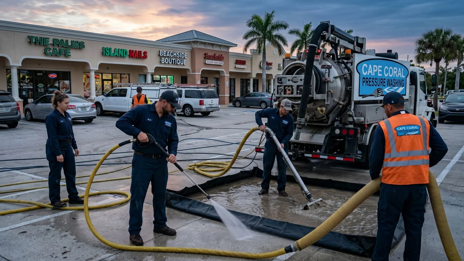 Multi-tenant commercial plaza being cleaned at dawn