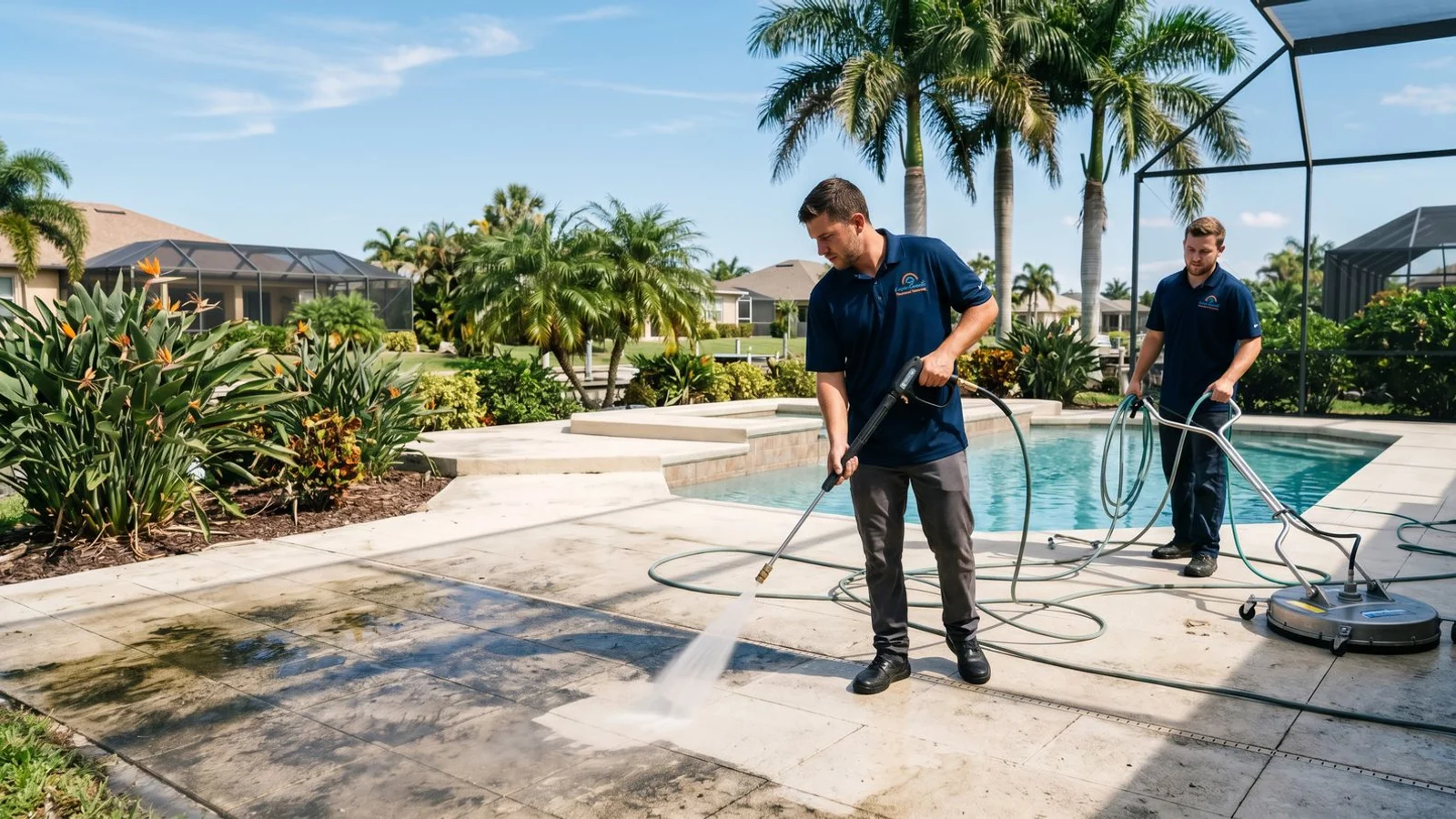 Pool deck with mildew being cleaned