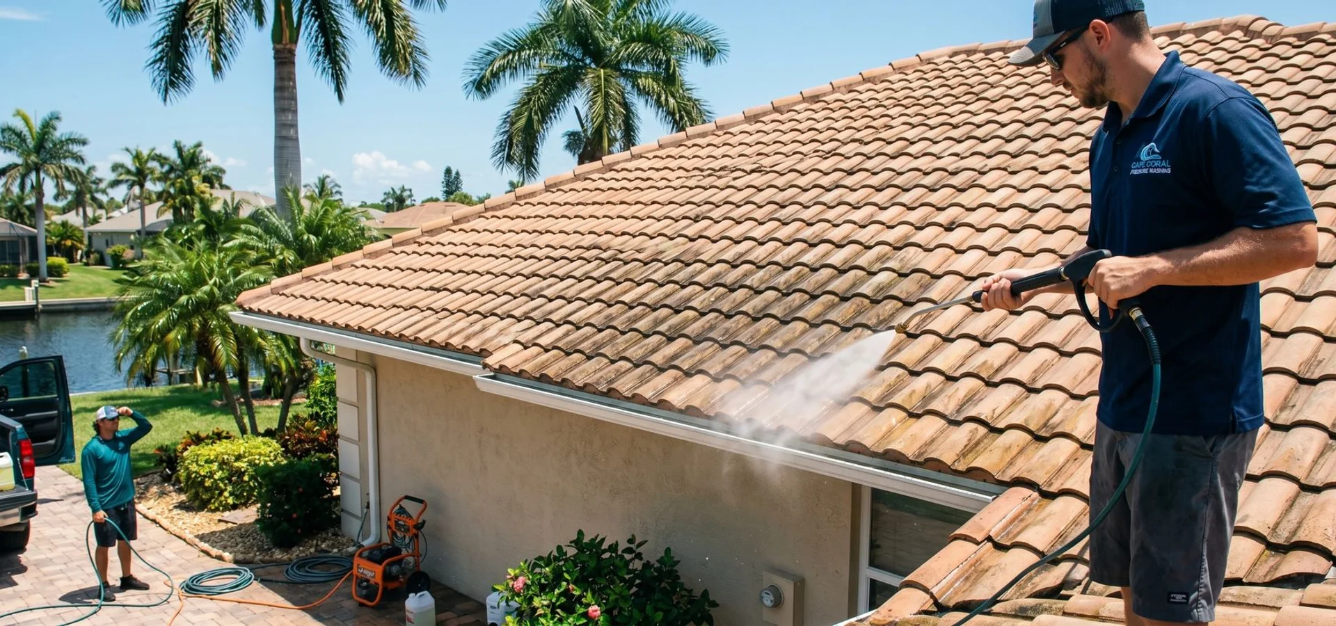 Professional soft-wash crew cleaning a Cape Coral tile roof