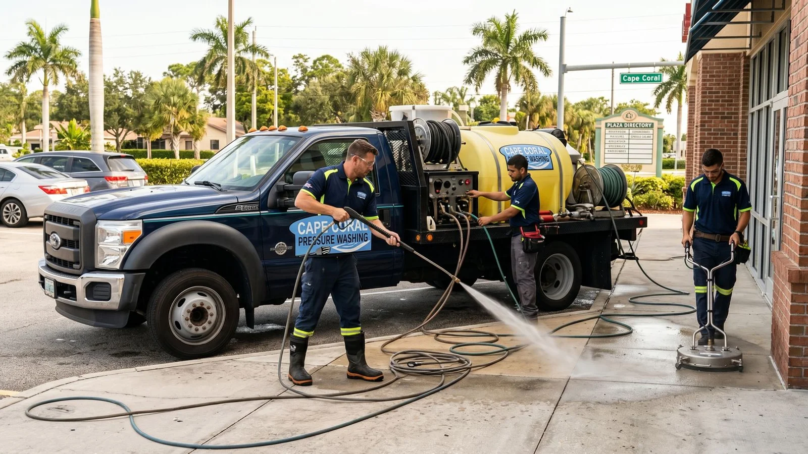 Professional pressure washing crew with commercial rig in Cape Coral