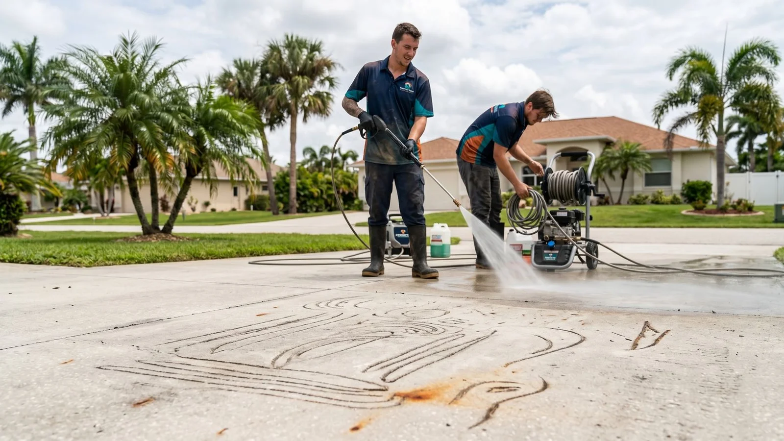 Rust-stained driveway with failed pressure washing damage