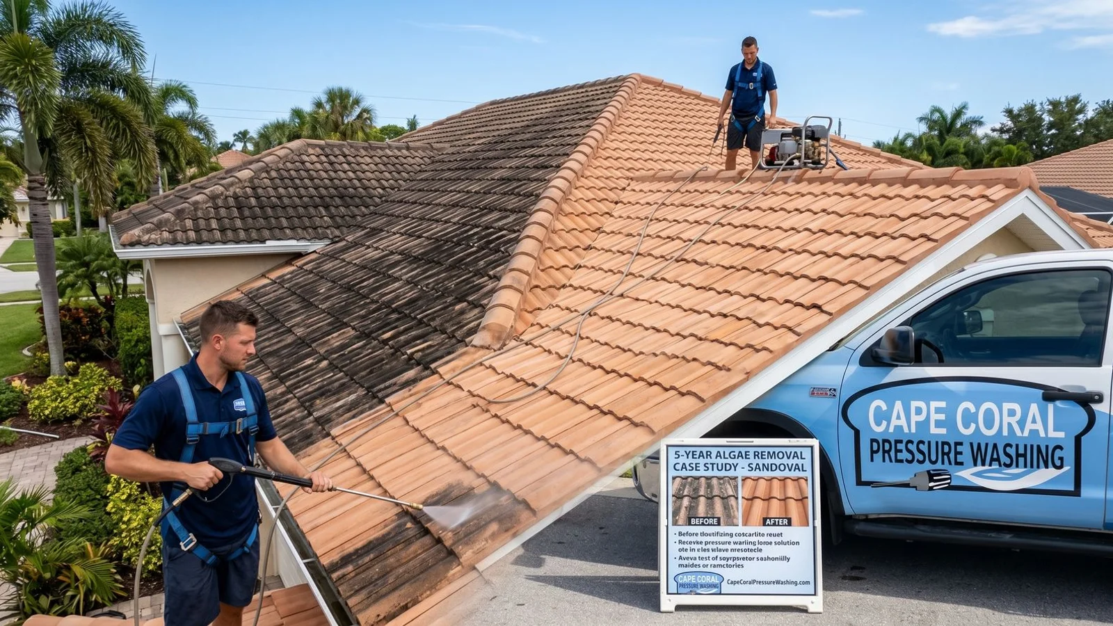 Sandoval barrel-tile roof before and after soft wash