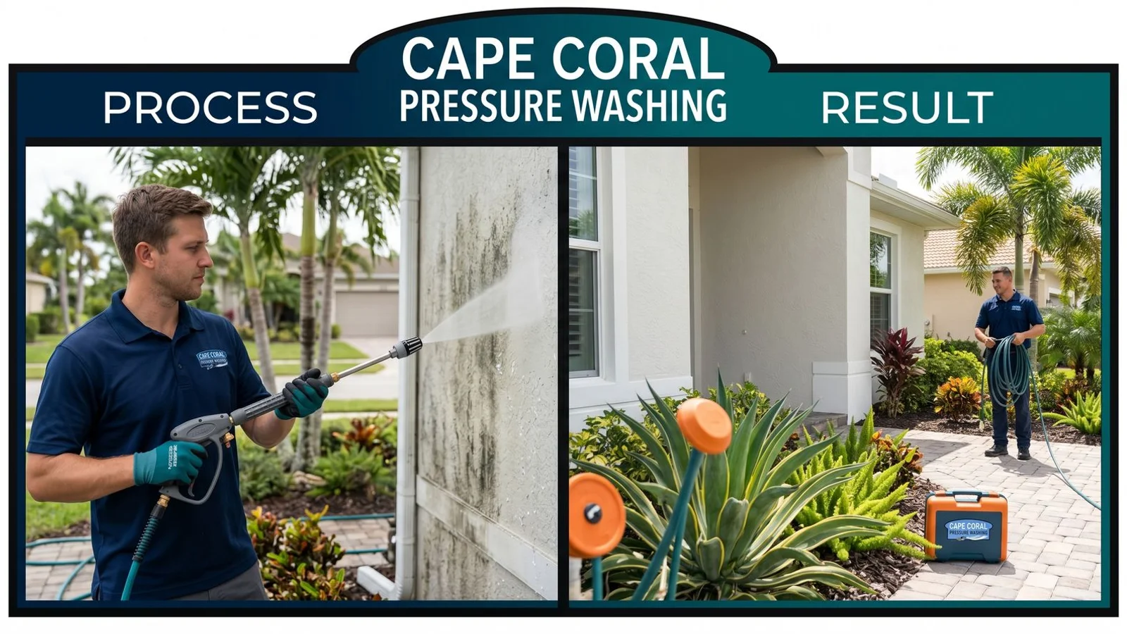 Shaded Florida house with mold growth vs dry exterior