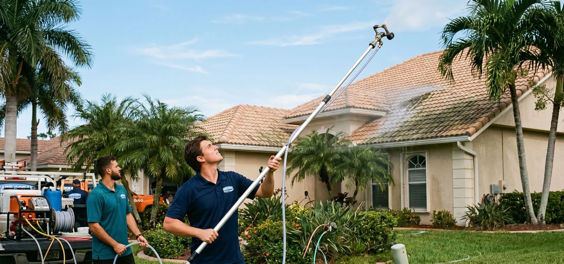 Soft wash crew treating black streaks on a Cape Coral tile roof