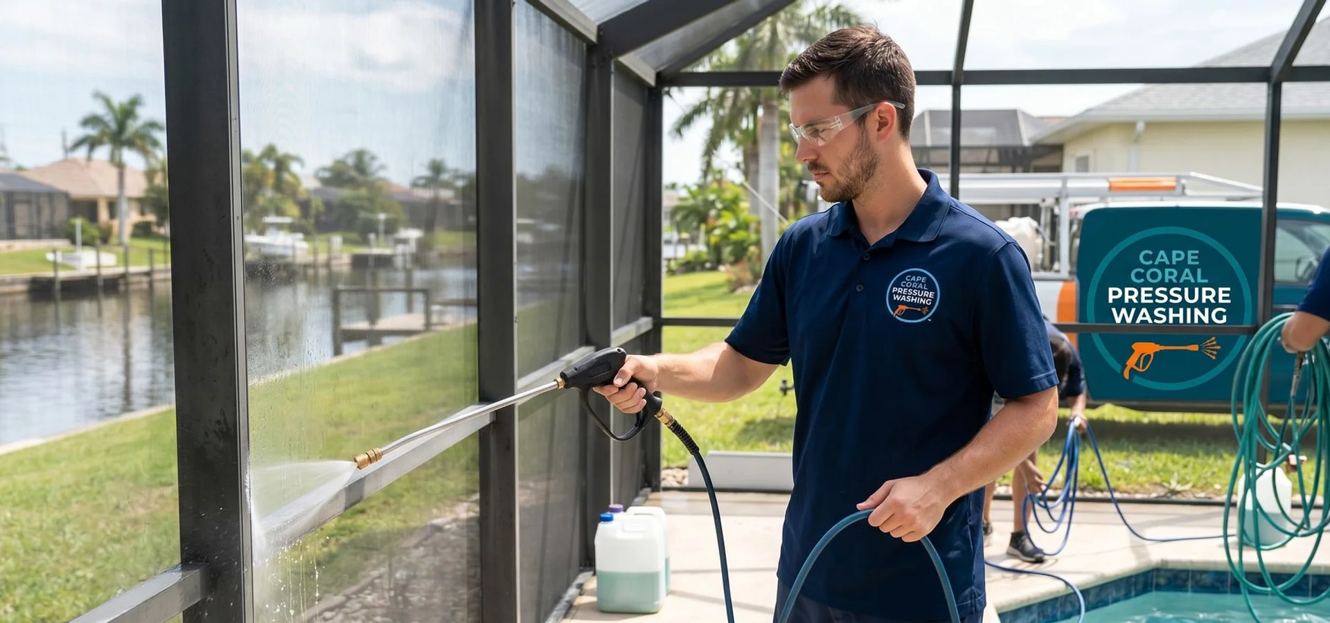 Soft-wash crew treating a Cape Coral lanai pool cage