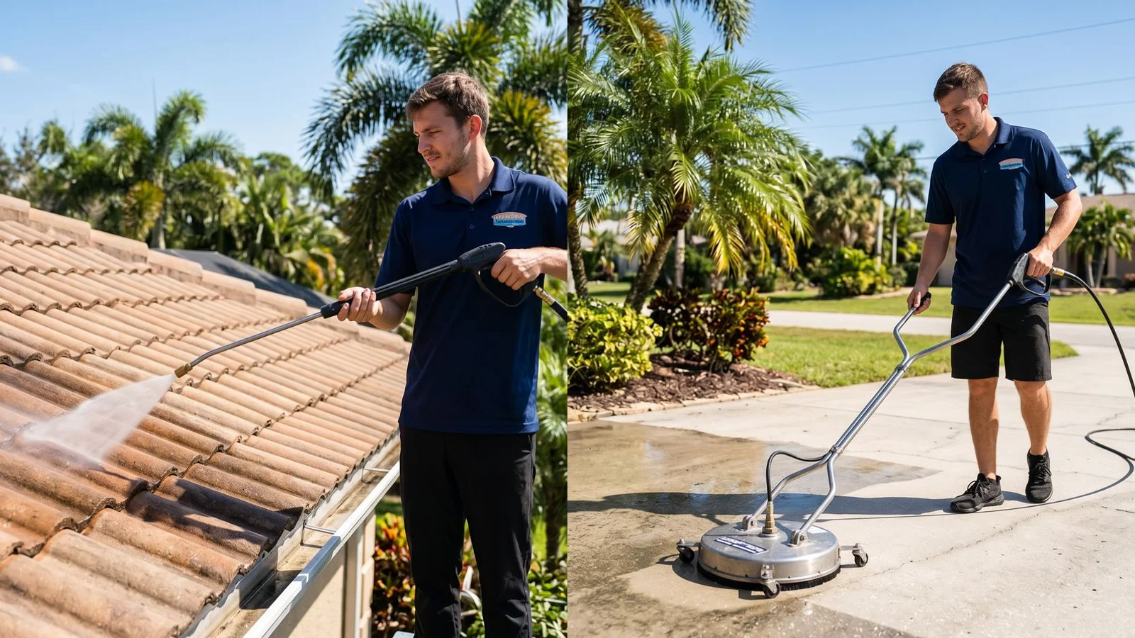 Soft wash on tile roof and pressure wash on concrete driveway side-by-side