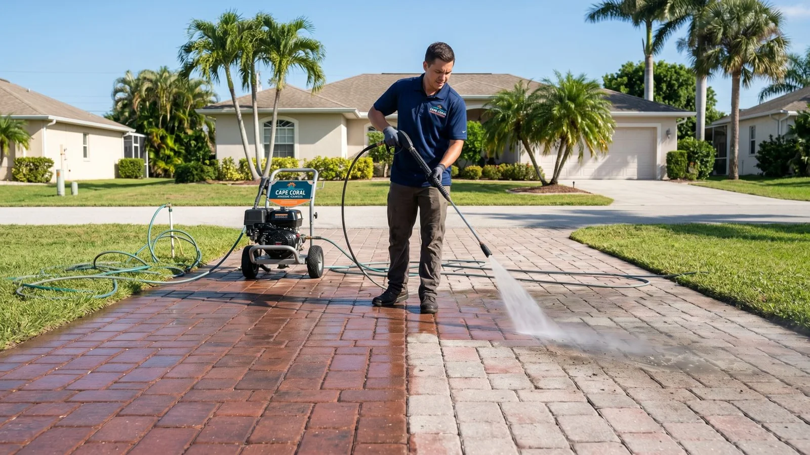 Sun-faded pavers half restored, half untouched