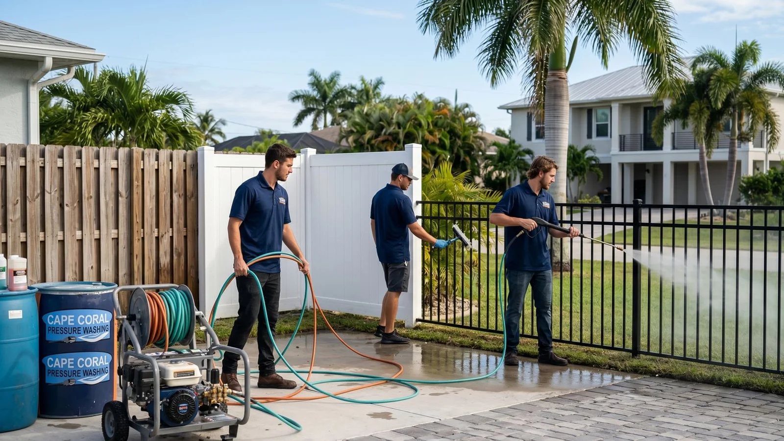 Three fence types — wood, vinyl, aluminum