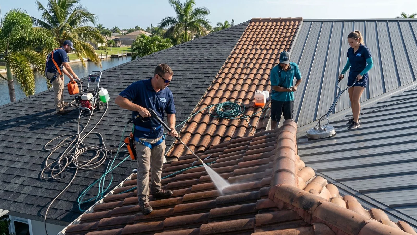 Three SWFL roof types: tile, shingle, metal — all clean
